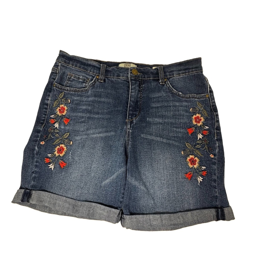 Vintage America Women 8 Blue Denim Shorts, Embroidered Flowers Bestie Short